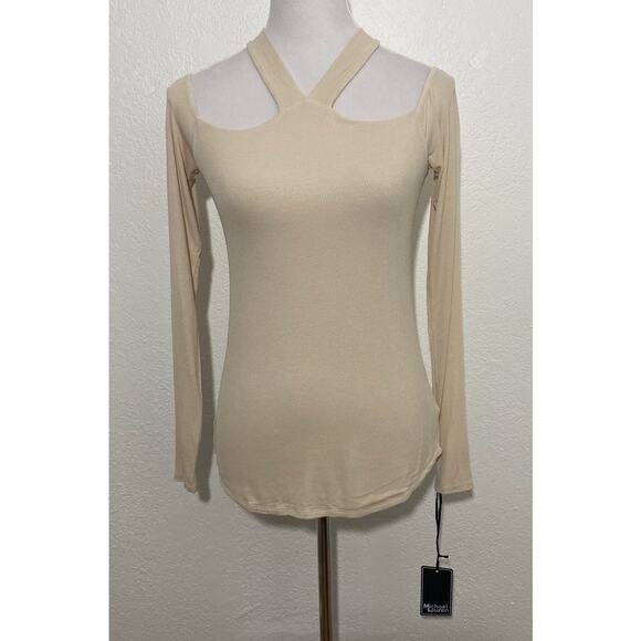 NWT Michael Lauren Size S Fitted Double V-Neck Open Shoulder Top Thumbhole - Picture 1 of 7